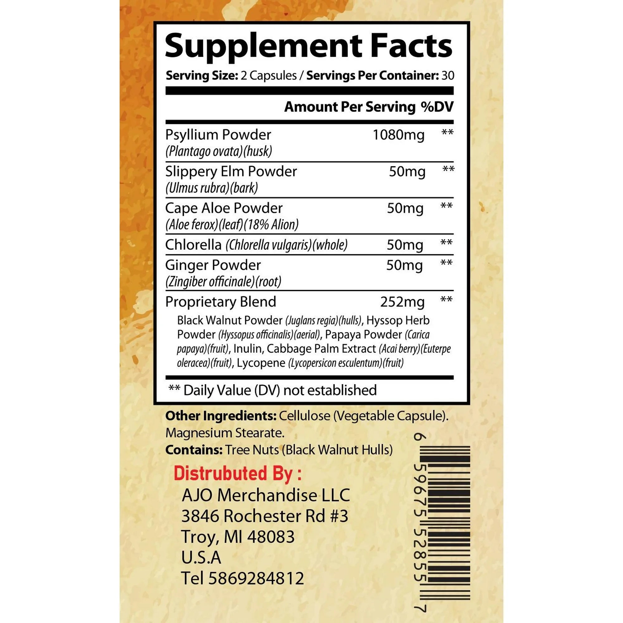 100% Psyllium Husk Fiber Capsules – Natural Digestive Support, 60 Capsules for Regularity, Healthy Gut, and Cholesterol Management.
