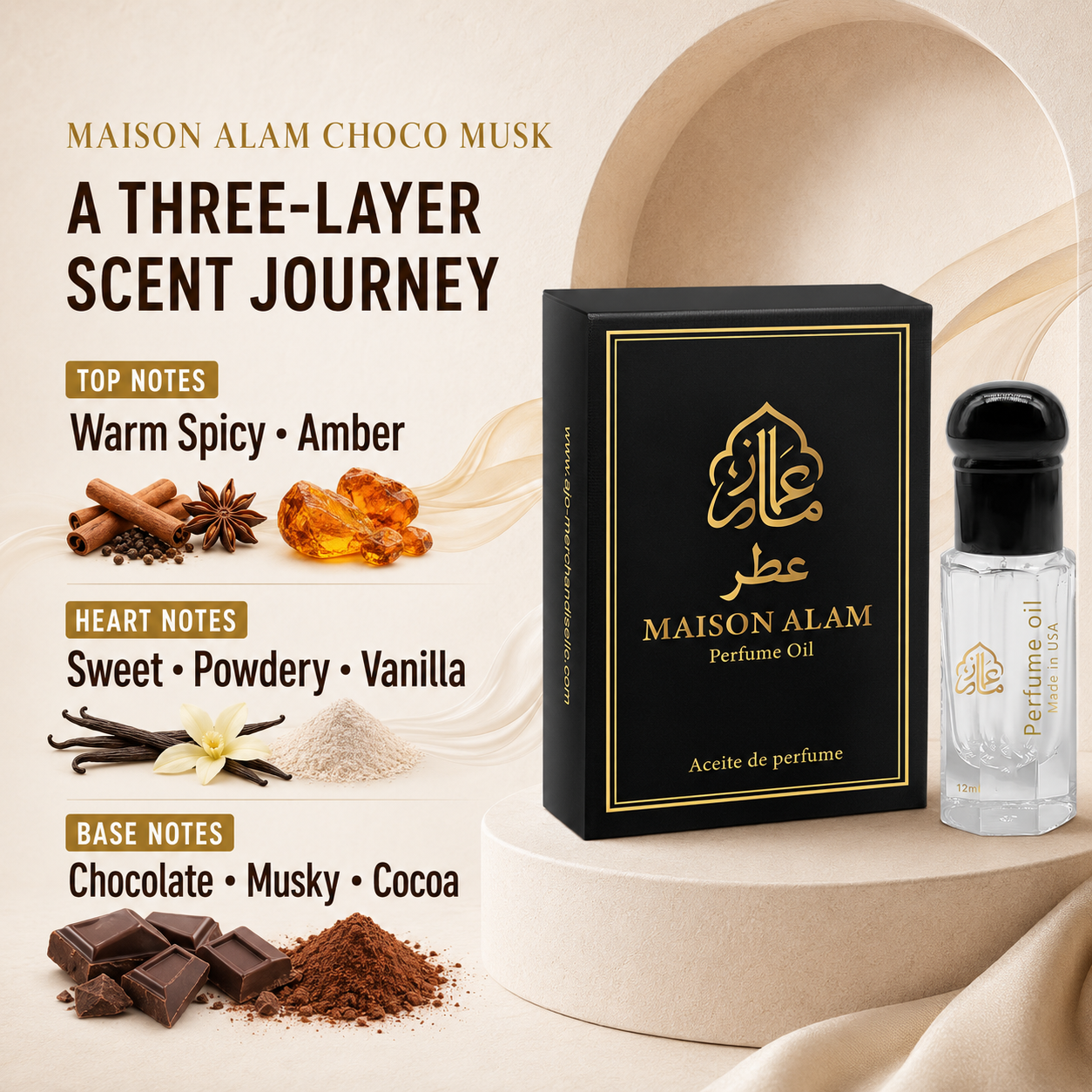 Maison Alam Choco Musk Roll On Perfume Oil, Arabic Perfume Oil, 12ml | Alcohol-Free Perfume Oils for Women and Men with Warm Spicy, Amber, Vanilla, Chocolate, Cocoa & Soft Musk, Travel Body Oil