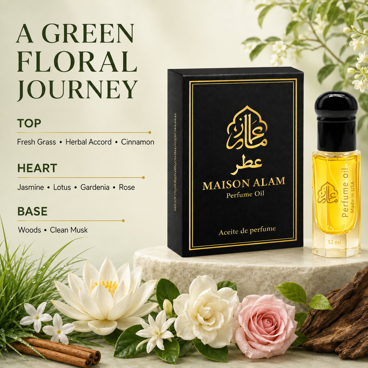 Maison Alam Jannatul Firdaus Attar Oil, Arabic Perfume Oil for Men & Women | Alcohol Free, Long Lasting 12ml Roll On Perfume Oil with Fresh Green Floral, Jasmine, Rose & Woody Notes, Eau De Perfume Oil