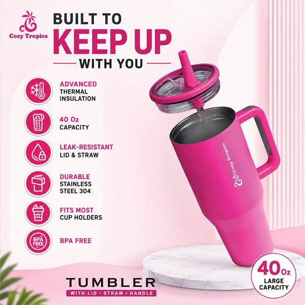 Cozy Tropics 40oz Insulated Stainless Steel Tumbler with Handle & Straw Lid, Double Wall Travel Mug, Leak-Resistant Large Capacity Cup Holder Friendly Water Bottle for Car, Gym, Office, Hot & Cold Drinks