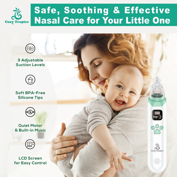 Cozy Tropics Electric Baby Nasal Aspirator, USB Rechargeable Nose Cleaner for Newborn & Toddler, 3 Adjustable Suction Levels, Soft Silicone Tips, Built-in Music & Light, Easy to Clean Baby Nose Sucker