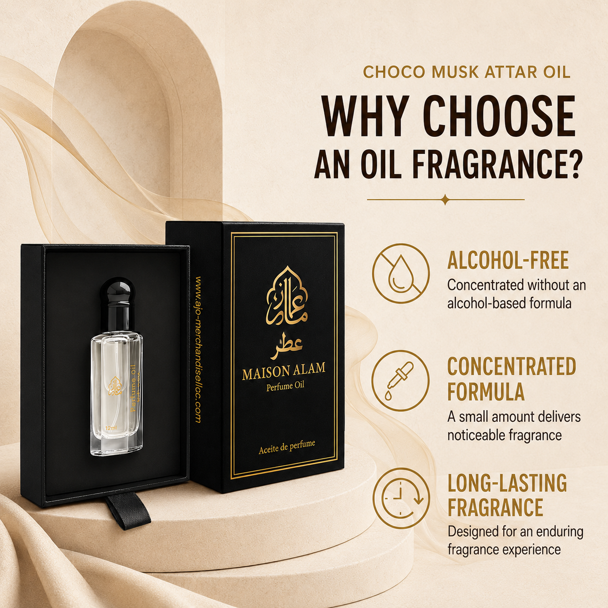 Maison Alam Choco Musk Roll On Perfume Oil, Arabic Perfume Oil, 12ml | Alcohol-Free Perfume Oils for Women and Men with Warm Spicy, Amber, Vanilla, Chocolate, Cocoa & Soft Musk, Travel Body Oil
