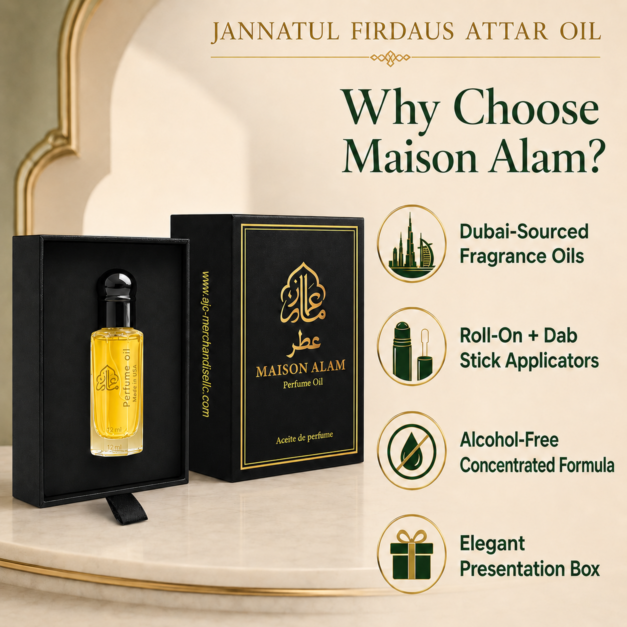 Maison Alam Jannatul Firdaus Attar Oil, Arabic Perfume Oil for Men & Women | Alcohol Free, Long Lasting 12ml Roll On Perfume Oil with Fresh Green Floral, Jasmine, Rose & Woody Notes, Eau De Perfume Oil