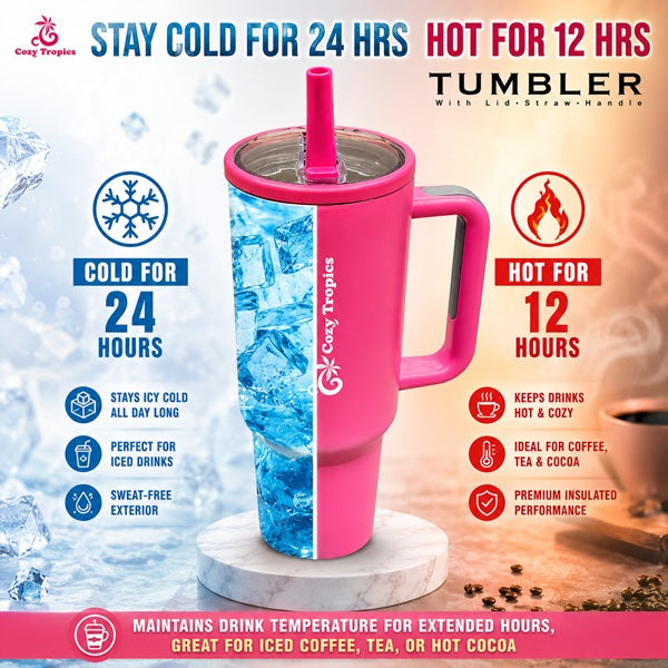 Cozy Tropics 40oz Insulated Stainless Steel Tumbler with Handle & Straw Lid, Double Wall Travel Mug, Leak-Resistant Large Capacity Cup Holder Friendly Water Bottle for Car, Gym, Office, Hot & Cold Drinks