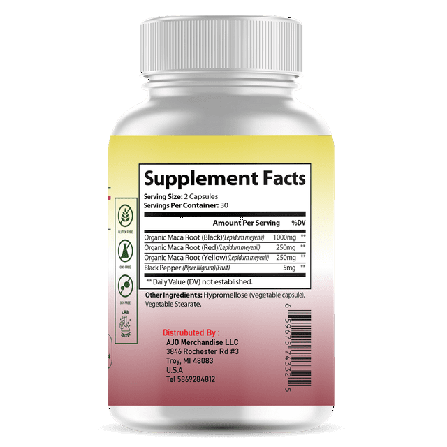 Maca Root Capsules 1505mg - Black, Red, Yellow Maca Blend for Energy & Mood Enhancement, 60ct for Natural Boost and Emotional Well-being.
