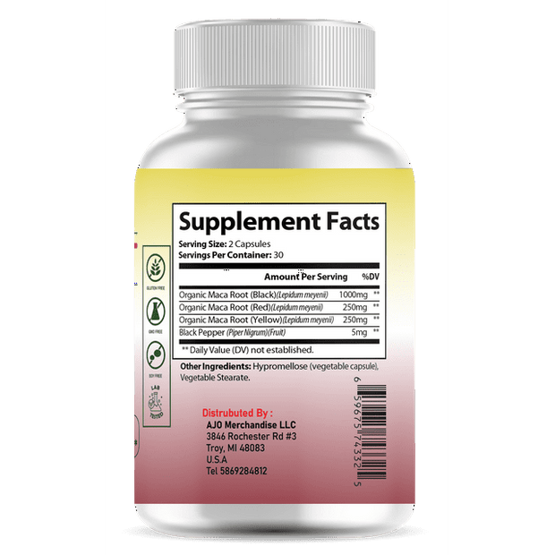 Maca Root Capsules 1505mg - Black, Red, Yellow Maca Blend for Energy & Mood Enhancement, 60ct for Natural Boost and Emotional Well-being.