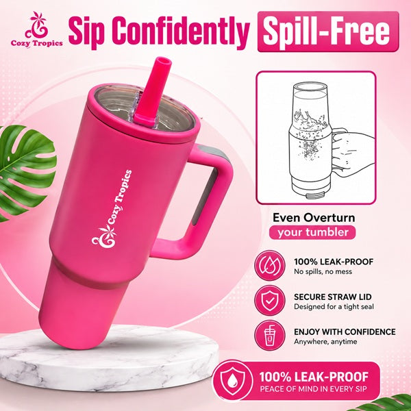 Cozy Tropics 40oz Insulated Stainless Steel Tumbler with Handle & Straw Lid, Double Wall Travel Mug, Leak-Resistant Large Capacity Cup Holder Friendly Water Bottle for Car, Gym, Office, Hot & Cold Drinks