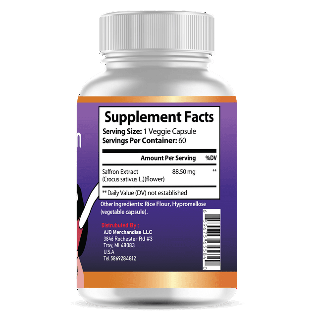 Saffron Extract Capsules 88.50mg - Natural Appetite Suppressant for Weight Loss, Mood, Focus & Vision Support - 60ct