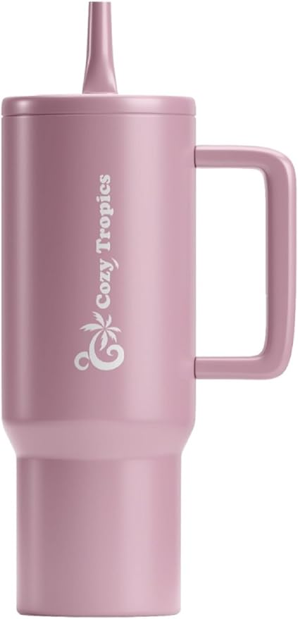 Cozy Tropics 40 oz Insulated Tumbler with Straw and Handle – Purple Stainless Steel Travel Cup for Women, Iced Coffee, Water
