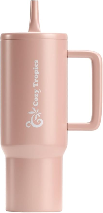 Cozy Tropics 40 oz Insulated Tumbler with Straw and Handle – Rose Quartz Stainless Steel Travel Cup for Women, Iced Coffee, Water
