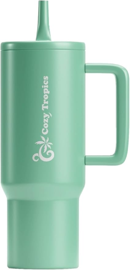 Cozy Tropics 40 oz Insulated Tumbler with Straw and Handle – Mint Green Stainless Steel Travel Cup for Women, Iced Coffee, Water