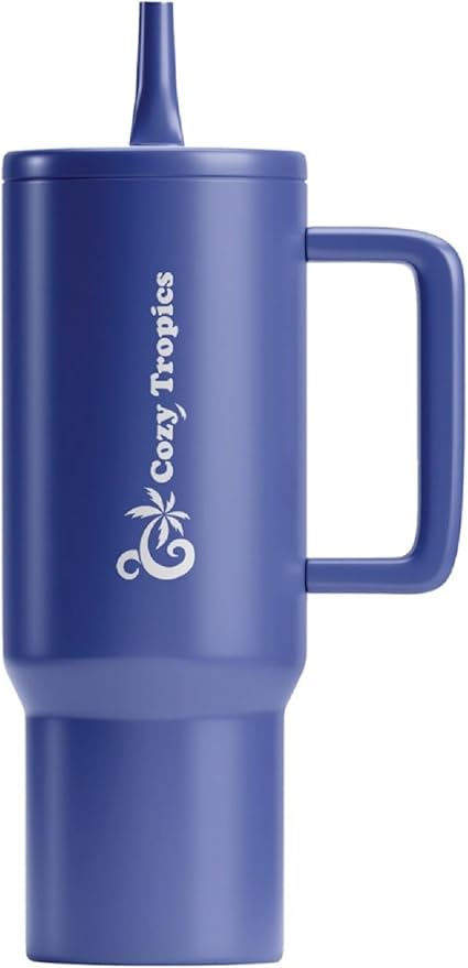Cozy Tropics 40 oz Insulated Tumbler with Straw and Handle – Ocean Blue Stainless Steel Travel Cup for Women, Iced Coffee, Water