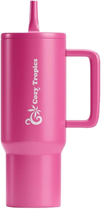 Cozy Tropics 40 oz Insulated Tumbler with Straw and Handle – Neon Pink Stainless Steel Travel Cup for Women, Iced Coffee, Water