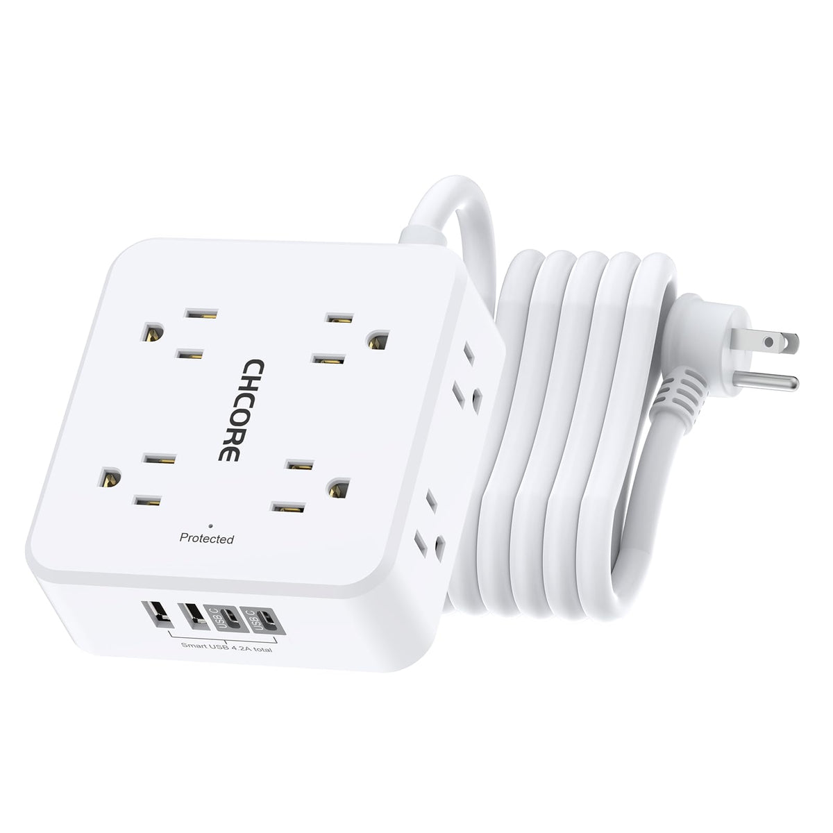 Surge Protector Power Strip - CHCORE 6Ft Braided Extension Cord with 8 Outlets with 4 USB (2 USB C) Charging Ports, Flat Plug Multi Plug Outlet Extender Charging Station for Home Office, ETL, Black