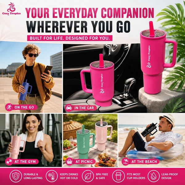 Cozy Tropics 40oz Insulated Stainless Steel Tumbler with Handle & Straw Lid, Double Wall Travel Mug, Leak-Resistant Large Capacity Cup Holder Friendly Water Bottle for Car, Gym, Office, Hot & Cold Drinks