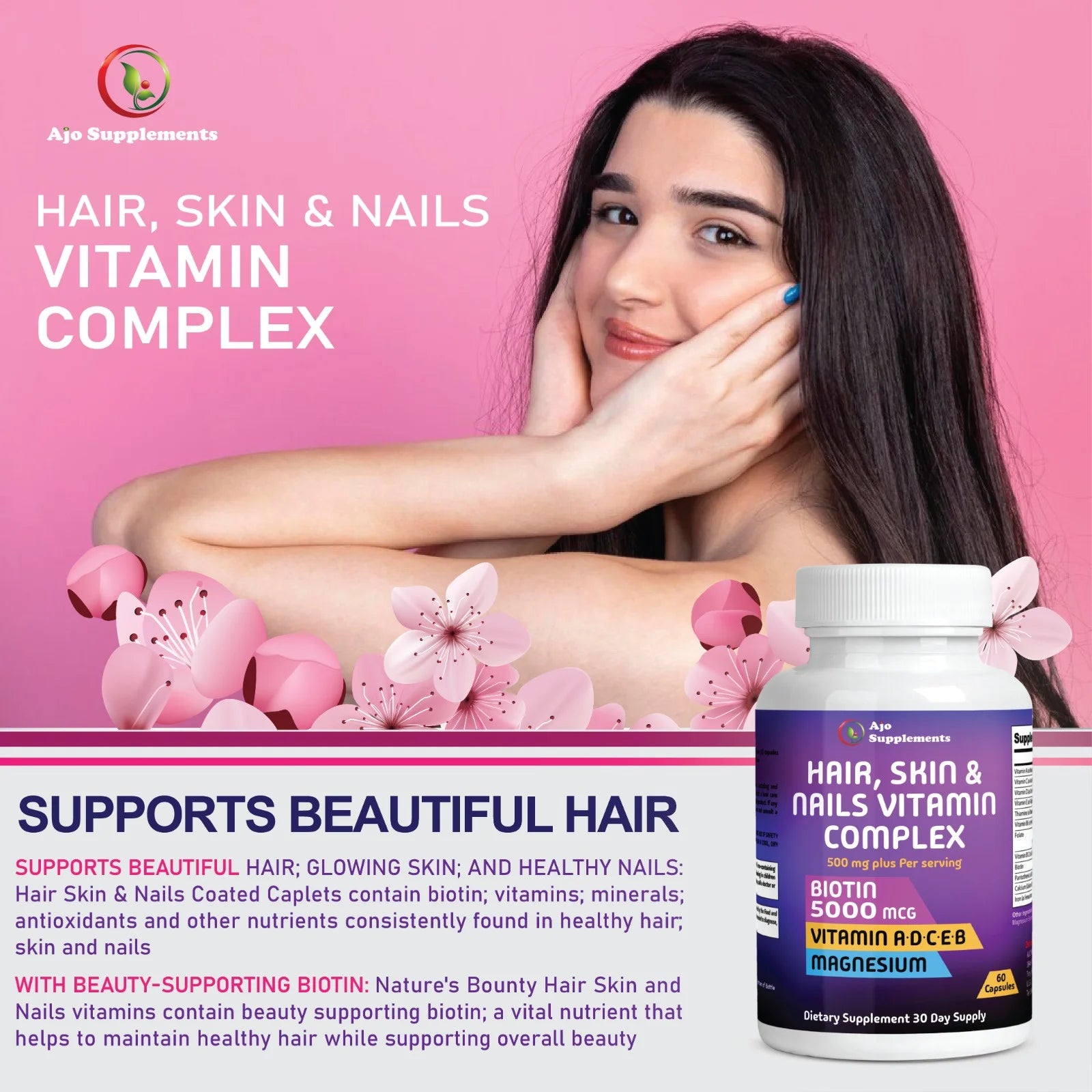 Hair, Skin & Nails Vitamins with 5,000mcg Biotin for Healthy Hair, Skin & Nails – 60ct, Comprehensive Formula for Women & Men