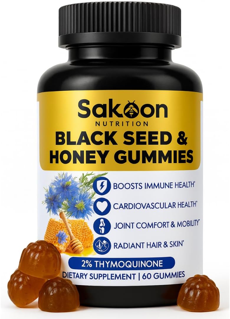 Sakoon Nutrition Black Seed Oil Gummies with Honey – Black Cumin Seed Oil (Nigella Sativa) with 2%+ Thymoquinone – Immune, Joint, Digestion, Hair & Skin Support – 60 Halal Gummies