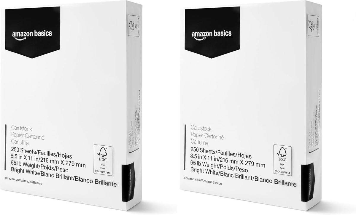 Amazon Basics Cardstock Paper, 8.5" x 11", 65 lb/176 gsm, 96 Bright White, 250 Sheets