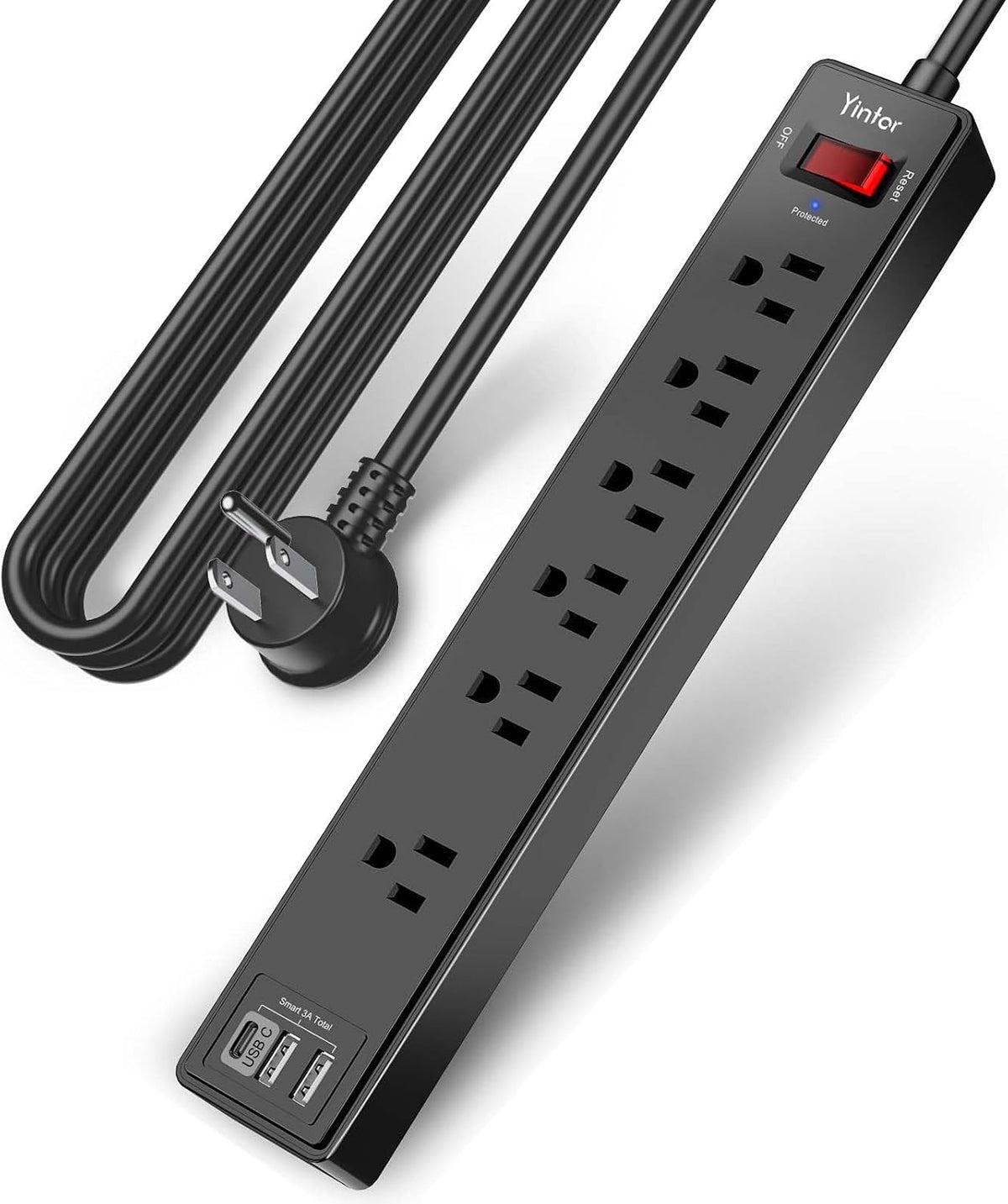 Yintar 10Ft Surge Protector Power Strip with 6 Outlets & 3 USB Ports, Black