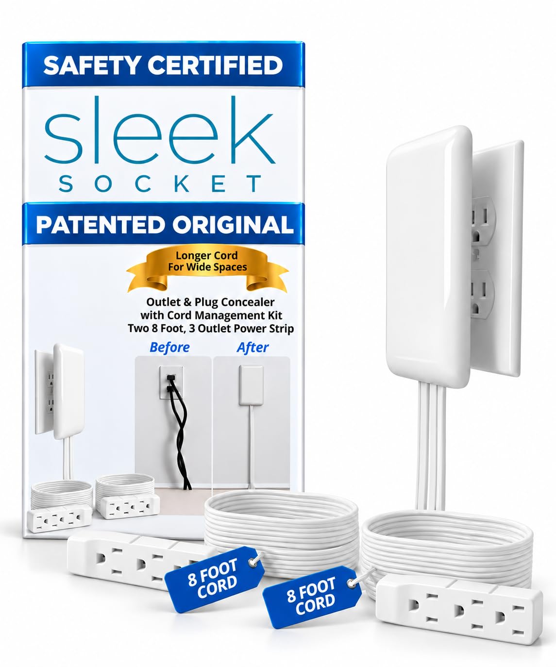 Sleek Socket Original & Patented Ultra-Thin Outlet Concealer with Cord Concealer Kit, Flat Extension Cord with Multi Outlets Power Strip, Ideal for Home Improvement, Hide Bulky and Messy Cords