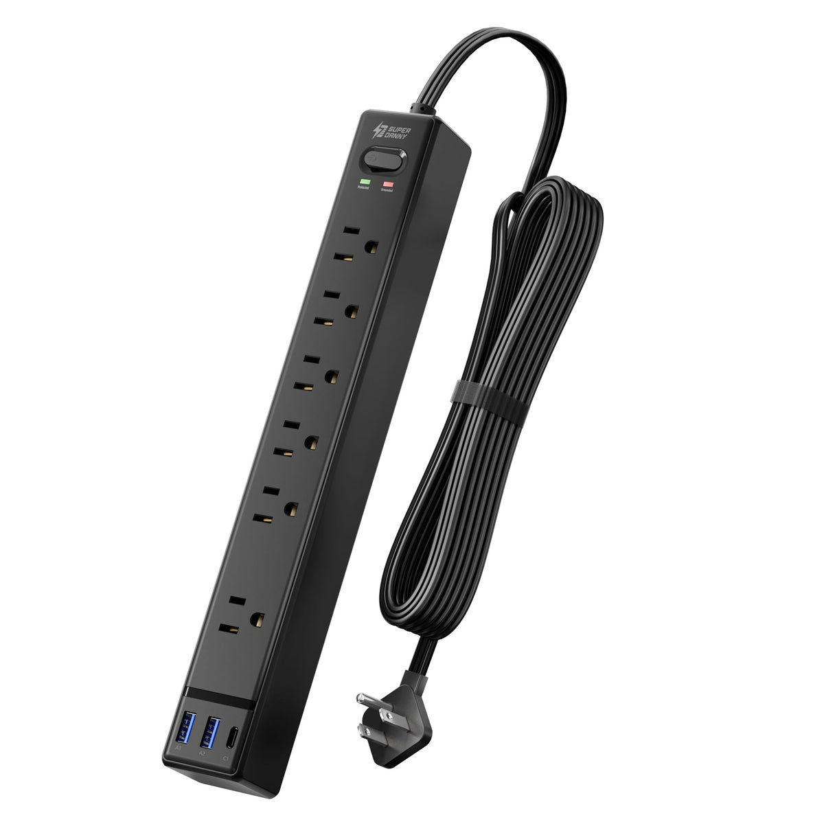 15Ft Long Extension Cord, SUPERDANNY Flat Plug Surge Protector Power Strip