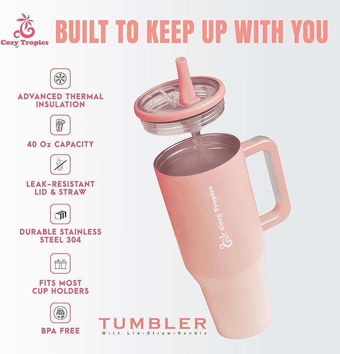 Cozy Tropics 40 oz Insulated Tumbler with Straw and Handle – Rose Quartz Stainless Steel Travel Cup for Women, Iced Coffee, Water