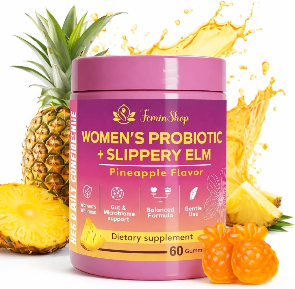 Her Juicy Women’s Probiotic Gummies with Slippery Elm & Prebiotic XOS, Lactobacillus Blend, Support pH Balance for Women, Pineapple Flavor, 60 Gummies
