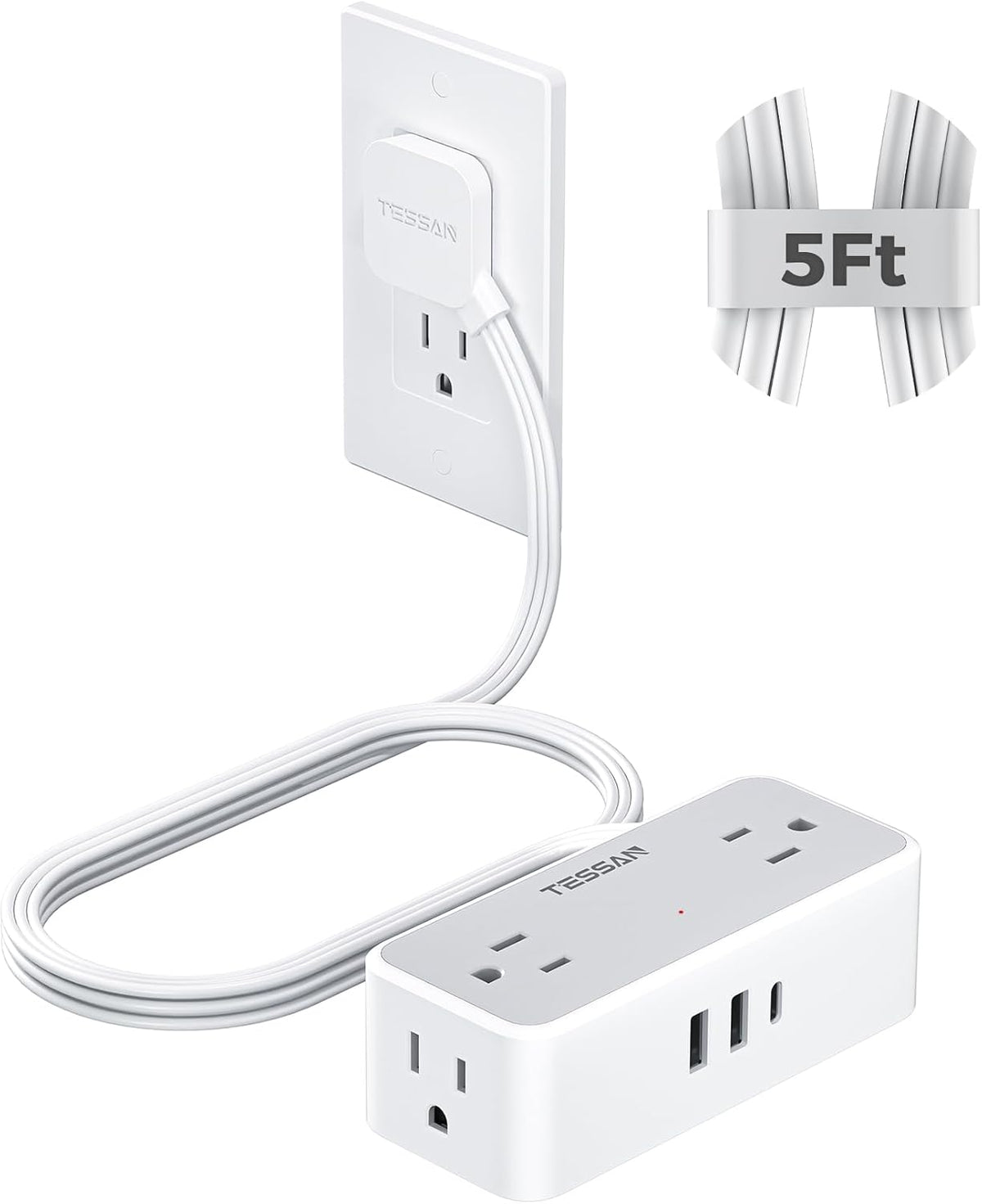 TESSAN Extension Cord 5 FT, Power Strip with 900J Surge Protection, Grey