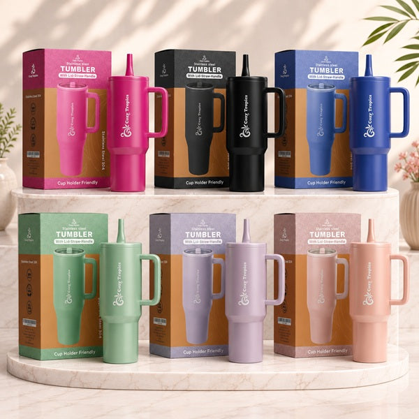 Cozy Tropics 40oz Insulated Stainless Steel Tumbler with Handle & Straw Lid, Double Wall Travel Mug, Leak-Resistant Large Capacity Cup Holder Friendly Water Bottle for Car, Gym, Office, Hot & Cold Drinks