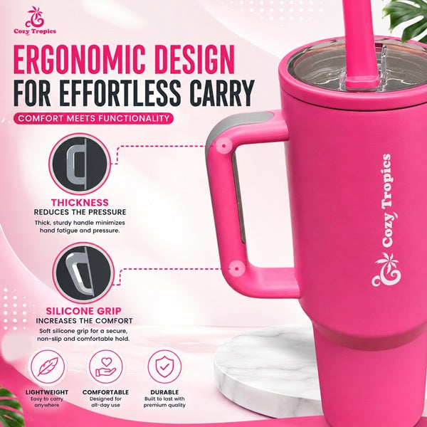 Cozy Tropics 40oz Insulated Stainless Steel Tumbler with Handle & Straw Lid, Double Wall Travel Mug, Leak-Resistant Large Capacity Cup Holder Friendly Water Bottle for Car, Gym, Office, Hot & Cold Drinks