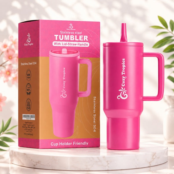 Cozy Tropics 40oz Insulated Stainless Steel Tumbler with Handle & Straw Lid, Double Wall Travel Mug, Leak-Resistant Large Capacity Cup Holder Friendly Water Bottle for Car, Gym, Office, Hot & Cold Drinks