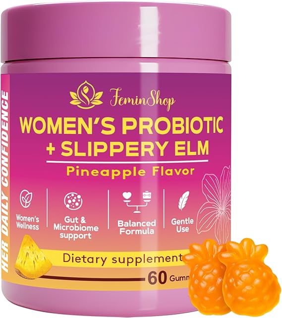 Her Juicy Women’s Probiotic Gummies with Slippery Elm & Prebiotic XOS, Lactobacillus Blend, Support pH Balance for Women, Pineapple Flavor, 60 Gummies