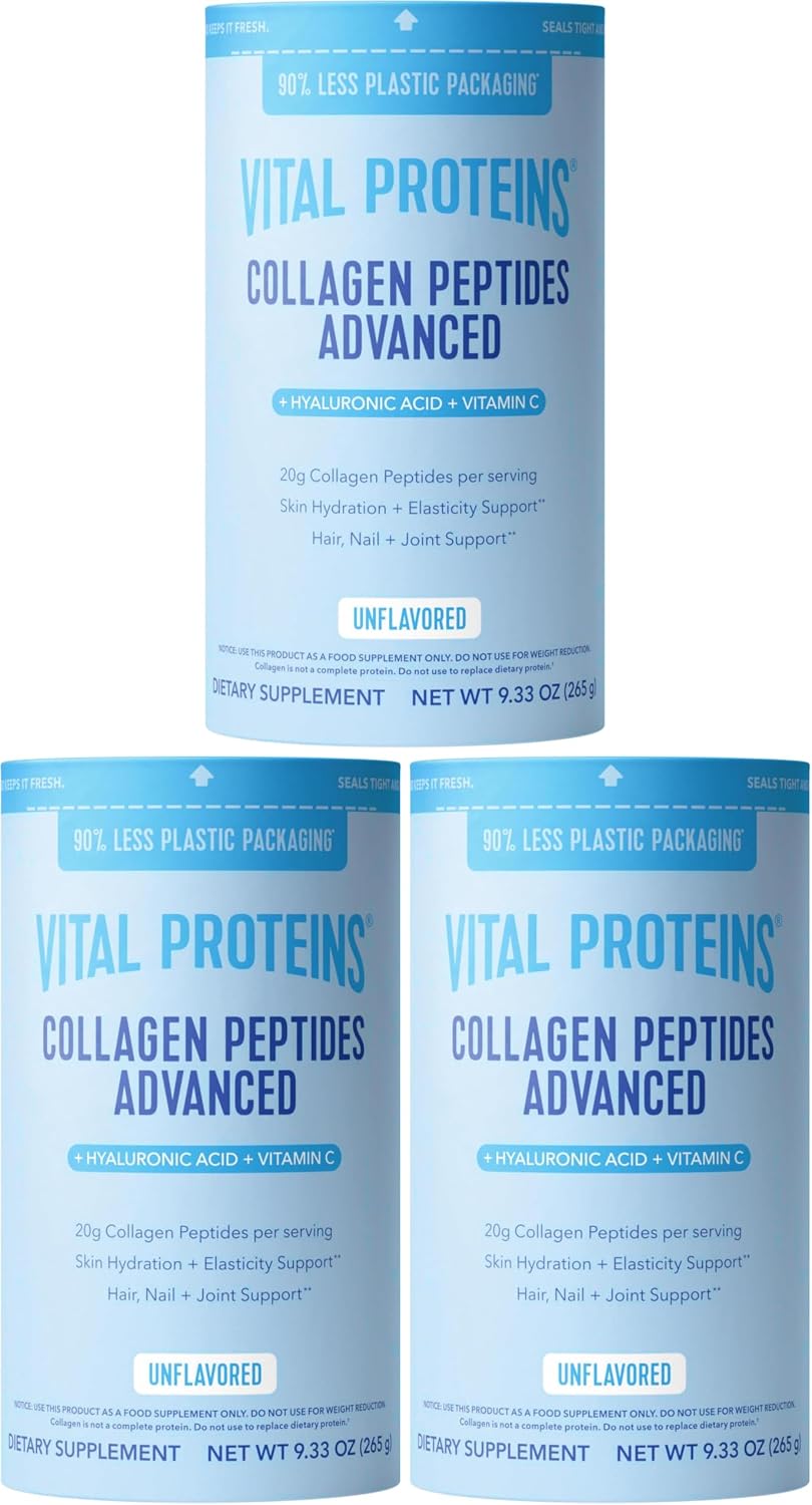 Vital Proteins Collagen Peptides Powder Advanced with Hyaluronic Acid & Vitamin C, Collagen Supplements, Unflavored, 12 Servings (Pack of 3)