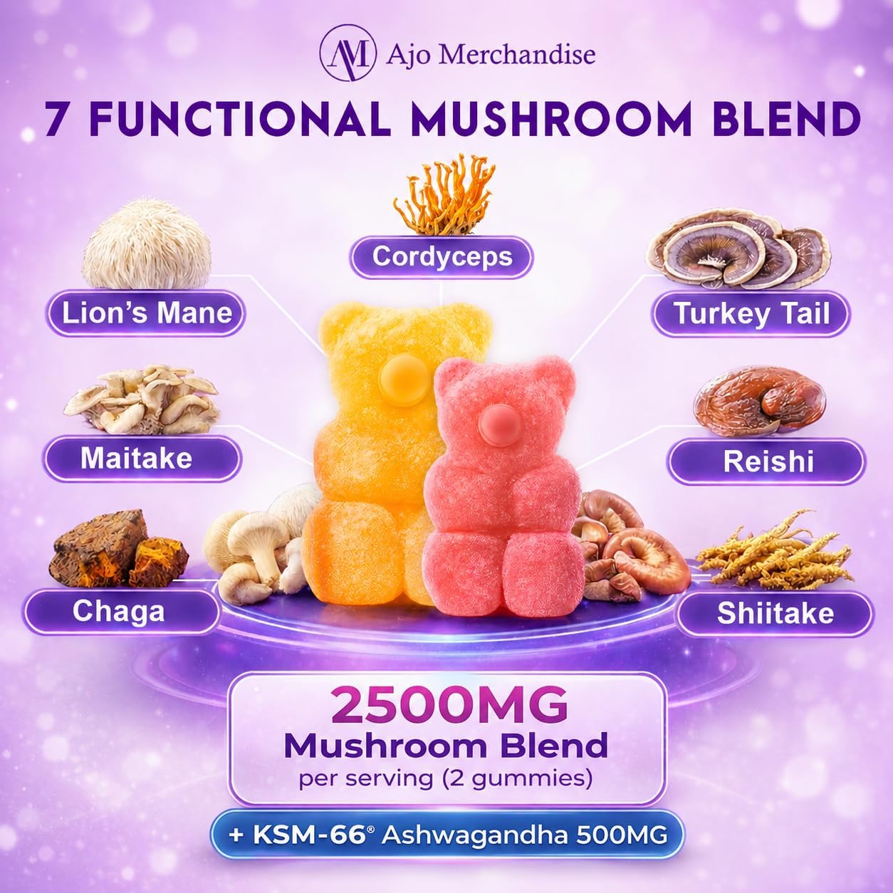Lion's Mane Mushroom Gummies for Focus & Energy with KSM-66 Ashwagandha | 8-in-1 Mushroom Blend, 80 Count, with Reishi, Cordyceps, Turkey Tail, Chaga, Maitake & Shiitake, Low Carb Mixed Fruit Flavor