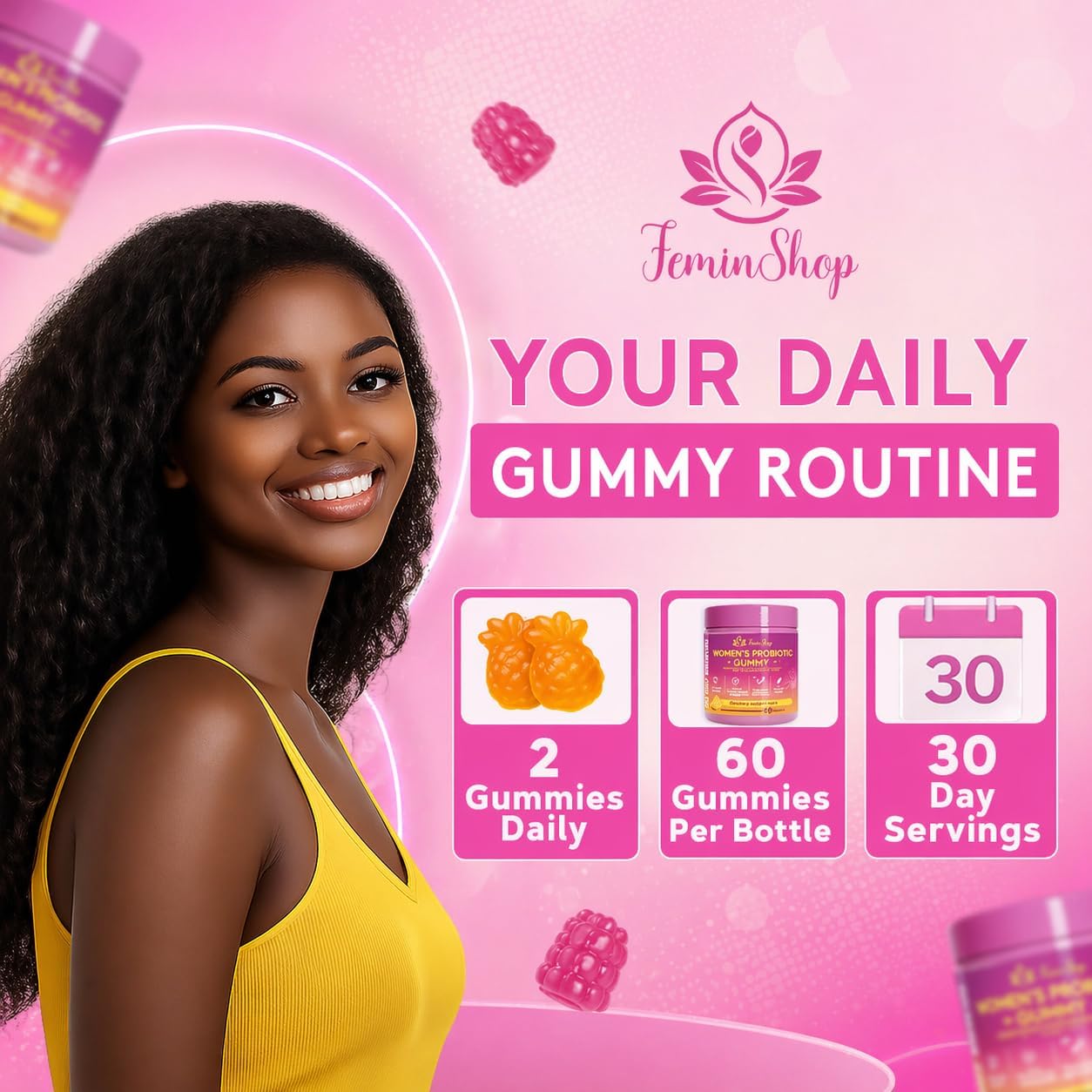 Her Juicy Women’s Probiotic Gummies with Slippery Elm & Prebiotic XOS, Lactobacillus Blend, Support pH Balance for Women, Pineapple Flavor, 60 Gummies