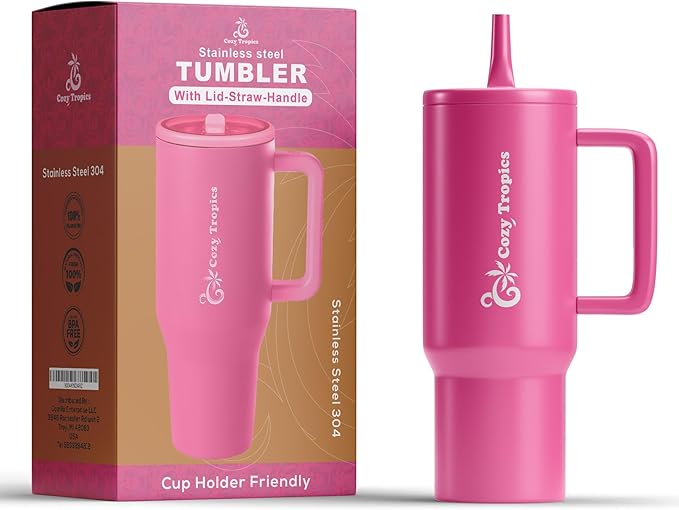 Cozy Tropics 40 oz Insulated Tumbler with Straw and Handle – Neon Pink Stainless Steel Travel Cup for Women, Iced Coffee, Water