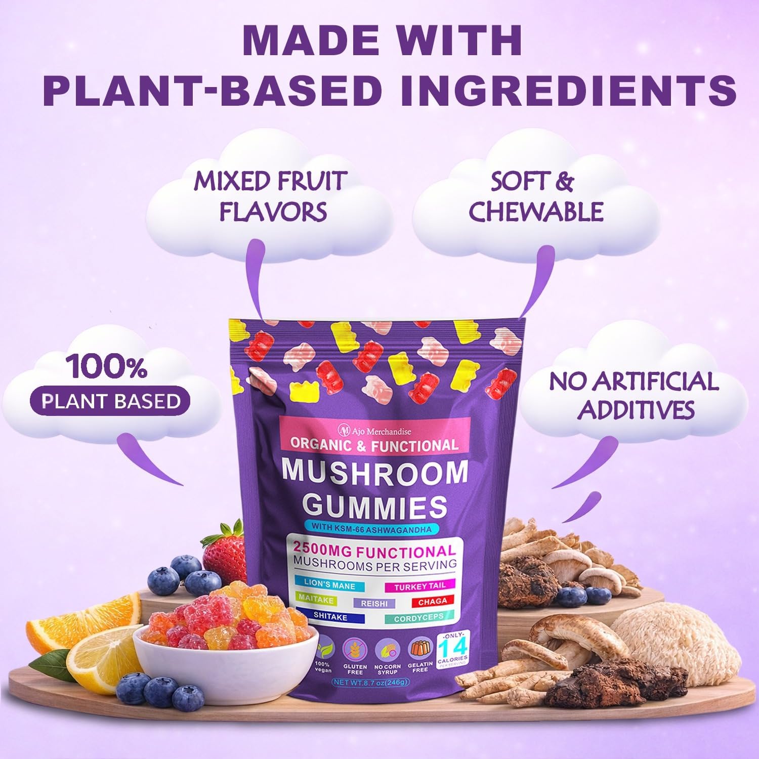Lion's Mane Mushroom Gummies for Focus & Energy with KSM-66 Ashwagandha | 8-in-1 Mushroom Blend, 80 Count, with Reishi, Cordyceps, Turkey Tail, Chaga, Maitake & Shiitake, Low Carb Mixed Fruit Flavor