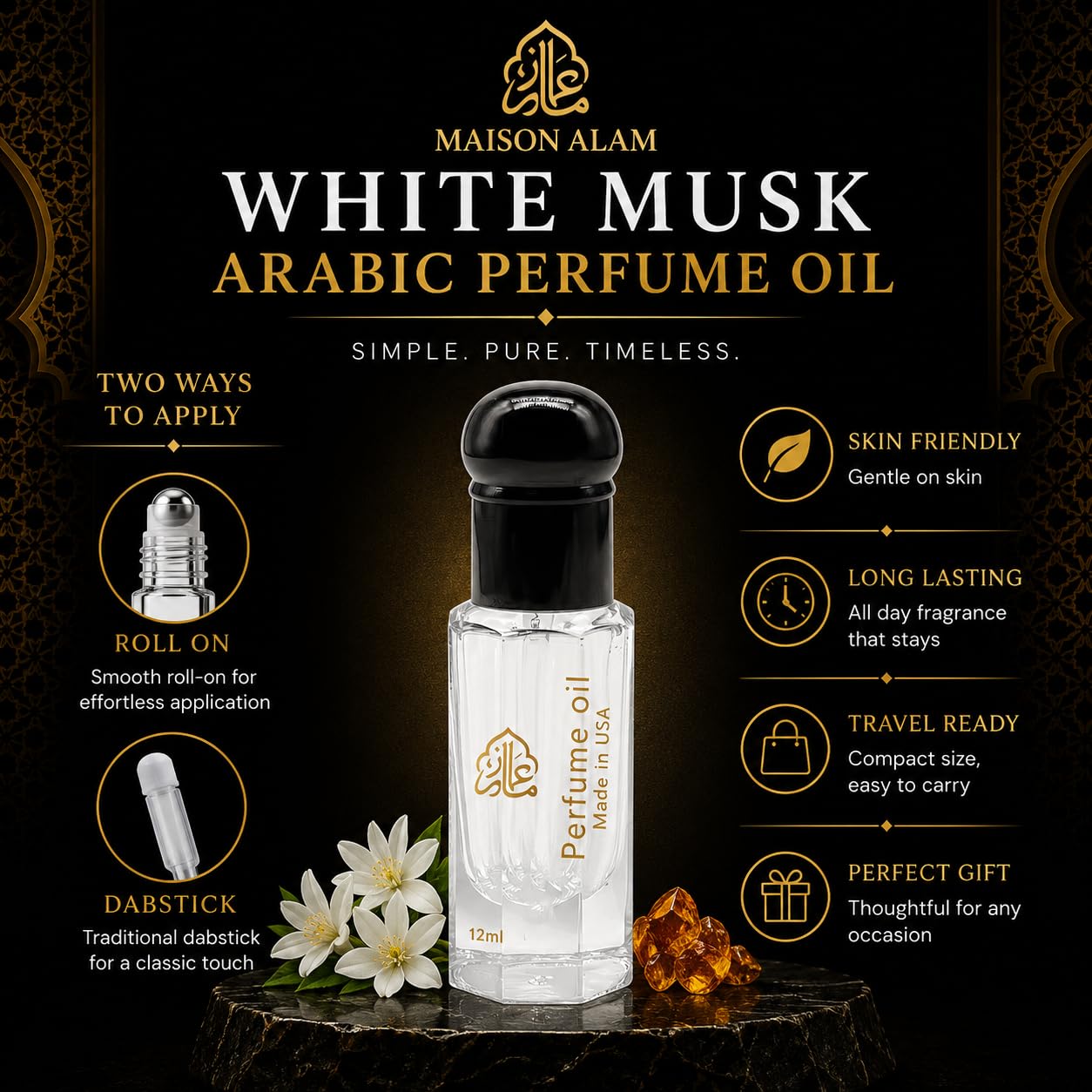 Maison Alam White Musk Attar Oil, Arabic Perfume Oil for Men and Women 12ml | Alcohol Free Long Lasting Roll On Perfume Oil with Vanilla Musk, Jasmine, Amber & Vetiver, Dubai Sourced Eau De Perfume Oil