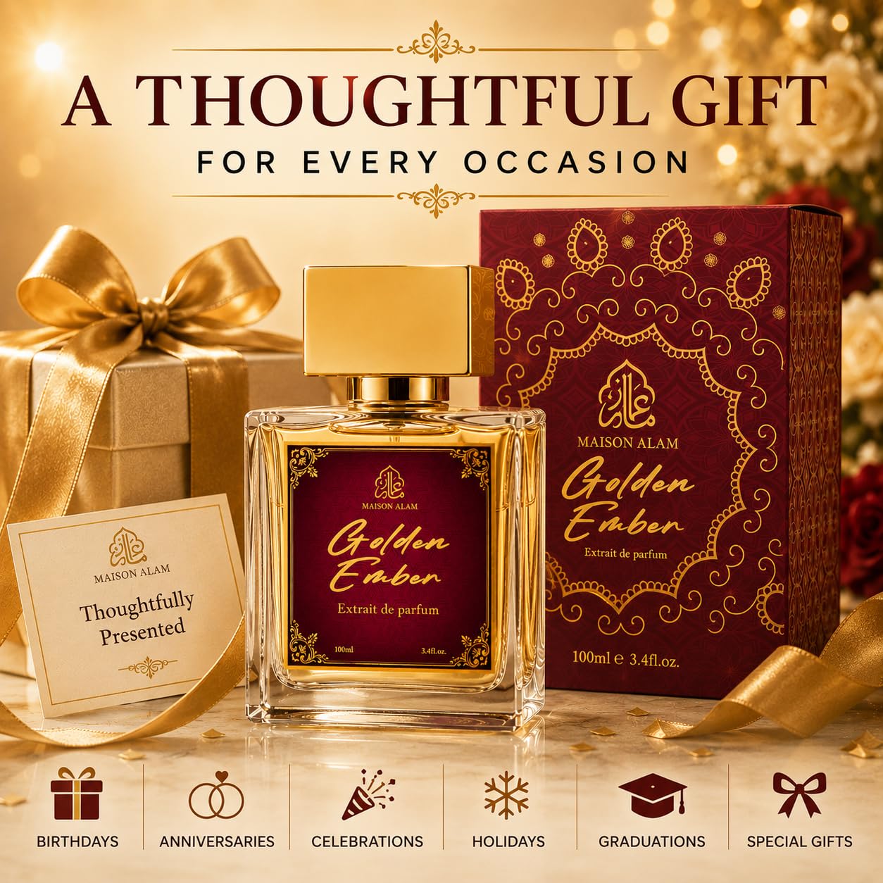 Maison Alam Golden Ember Unisex Arabian Perfume, Extrait de Parfum, 100 ml | Long Lasting Ambery Saffron Perfume for Men and Women, Summer Perfume with Saffron, Jasmine, Amberwood, Cedarwood & Musk