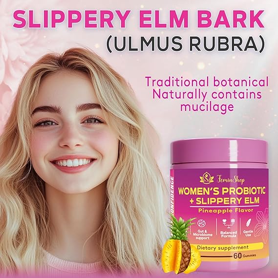Her Juicy Women’s Probiotic Gummies with Slippery Elm & Prebiotic XOS, Lactobacillus Blend, Support pH Balance for Women, Pineapple Flavor, 60 Gummies