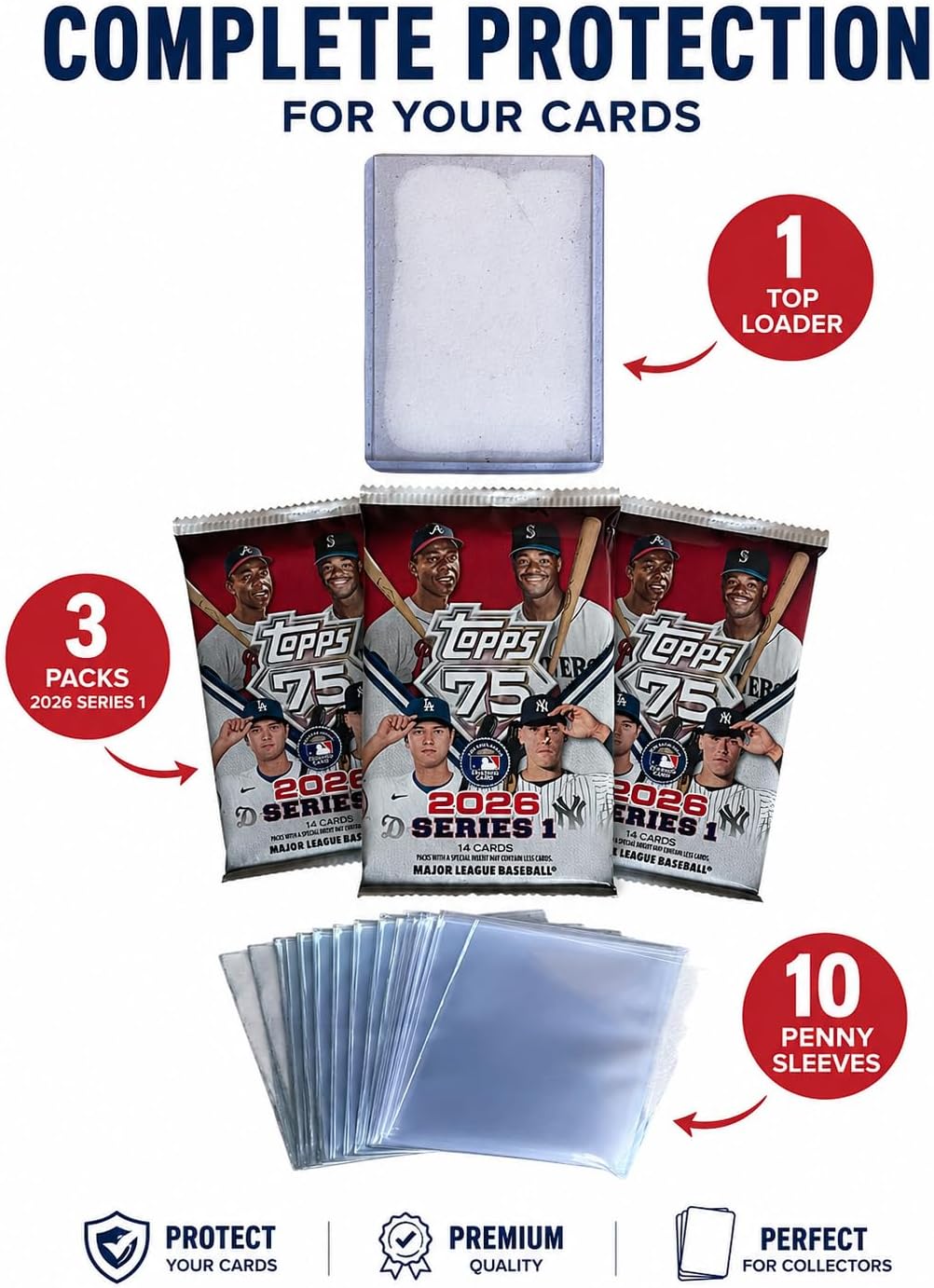 2026 Topps Series 1 Baseball Cards Value Pack – 3 Factory Sealed Packs (42 Cards Total) + 10 Penny Sleeves + 1 Top Loader – MLB Trading Card Bundle (Topps 75th Anniversary Design)