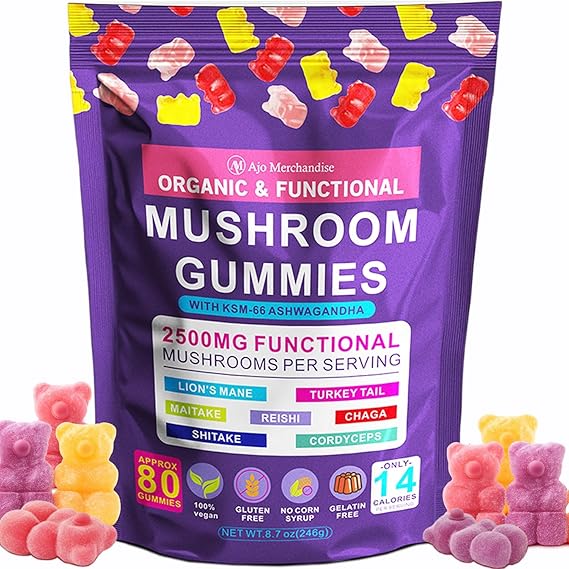 Ashwagandha & Mushroom Gummies, Lion’s Mane with Reishi, Cordyceps, Turkey Tail, Maitake, Shiitake & Chaga, Vegan Gummy Supplement, Gluten Free, Mixed Fruit Flavor, 80 Gummies