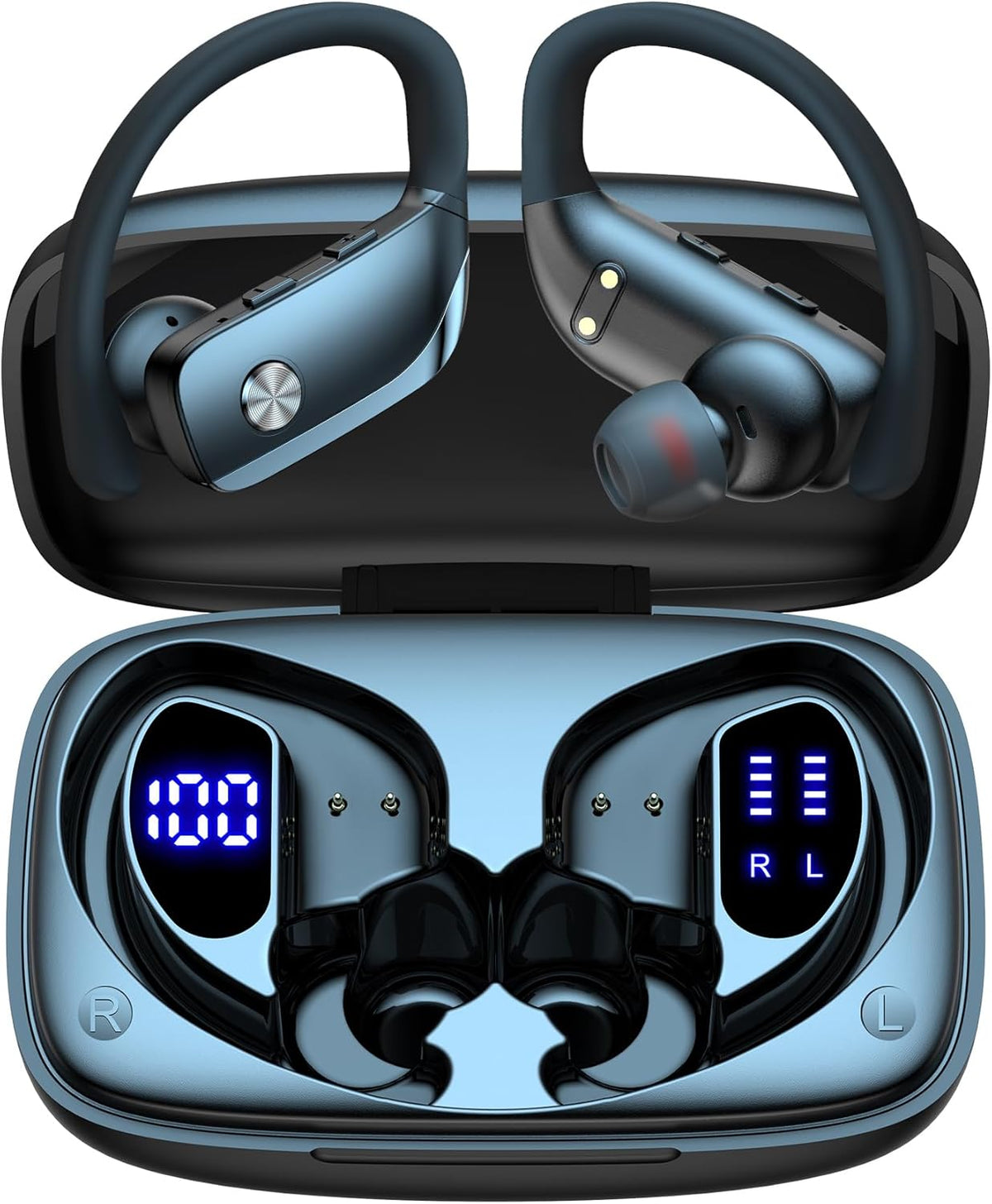 bmani Ear Buds Wireless Earbuds Bluetooth Headphones with 80H Playtime LED Display Case, Over-Ear Hook with Mic, Stereo Sound, Easy Button Controls, Sports Earphones for Running Workout Gym Black