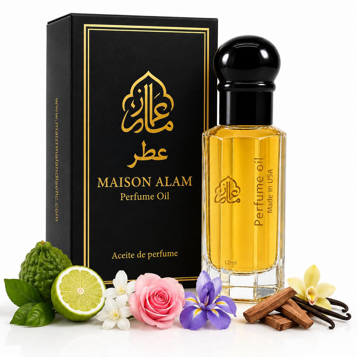 Maison Alam Golden Bloom golden perfume oil in a clear glass bottle with black cap and floral box packaging