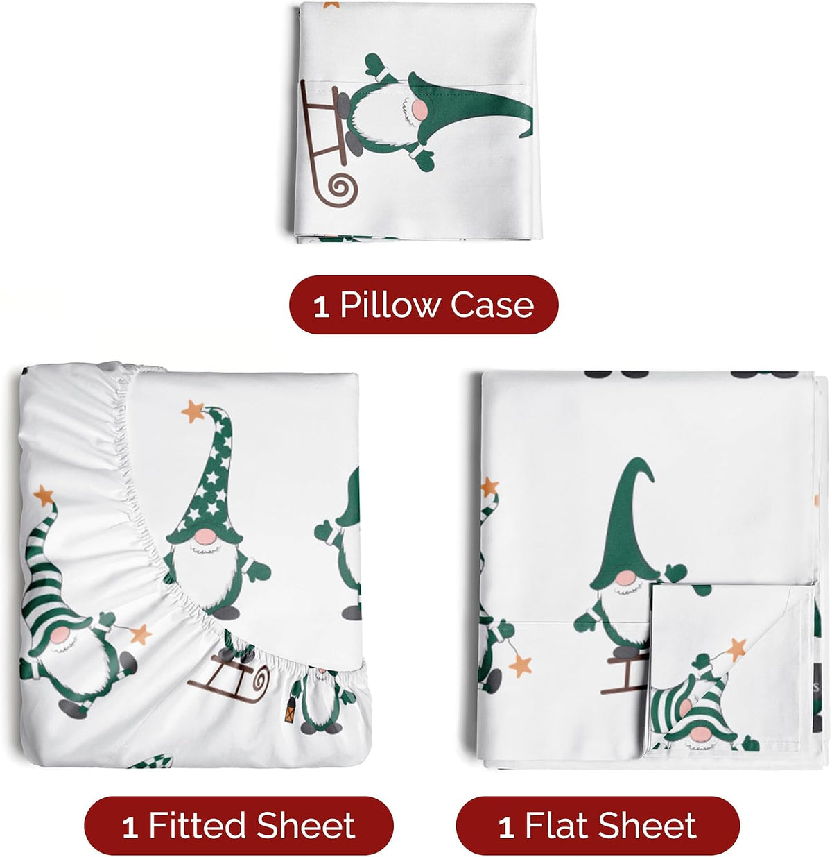 Twin Christmas Gnome Green Sheet Set - Holiday Xmas Pattern Linen Set - Deep Pockets - Snug Fit - 3 Piece - Wrinkle Free - Comfy & Cooling Festive Winter Bedding - Easy To Care For - Kid Friendly