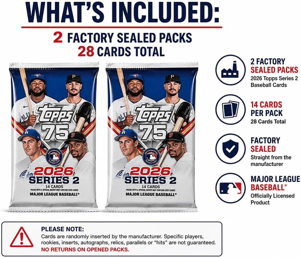 2026 Topps Series 2 Baseball Trading Card Value Bundle, 2 Exclusive Factory Sealed MEGA Foil Packs, 28 Cards Total, MLB Trading Cards for Collectors
