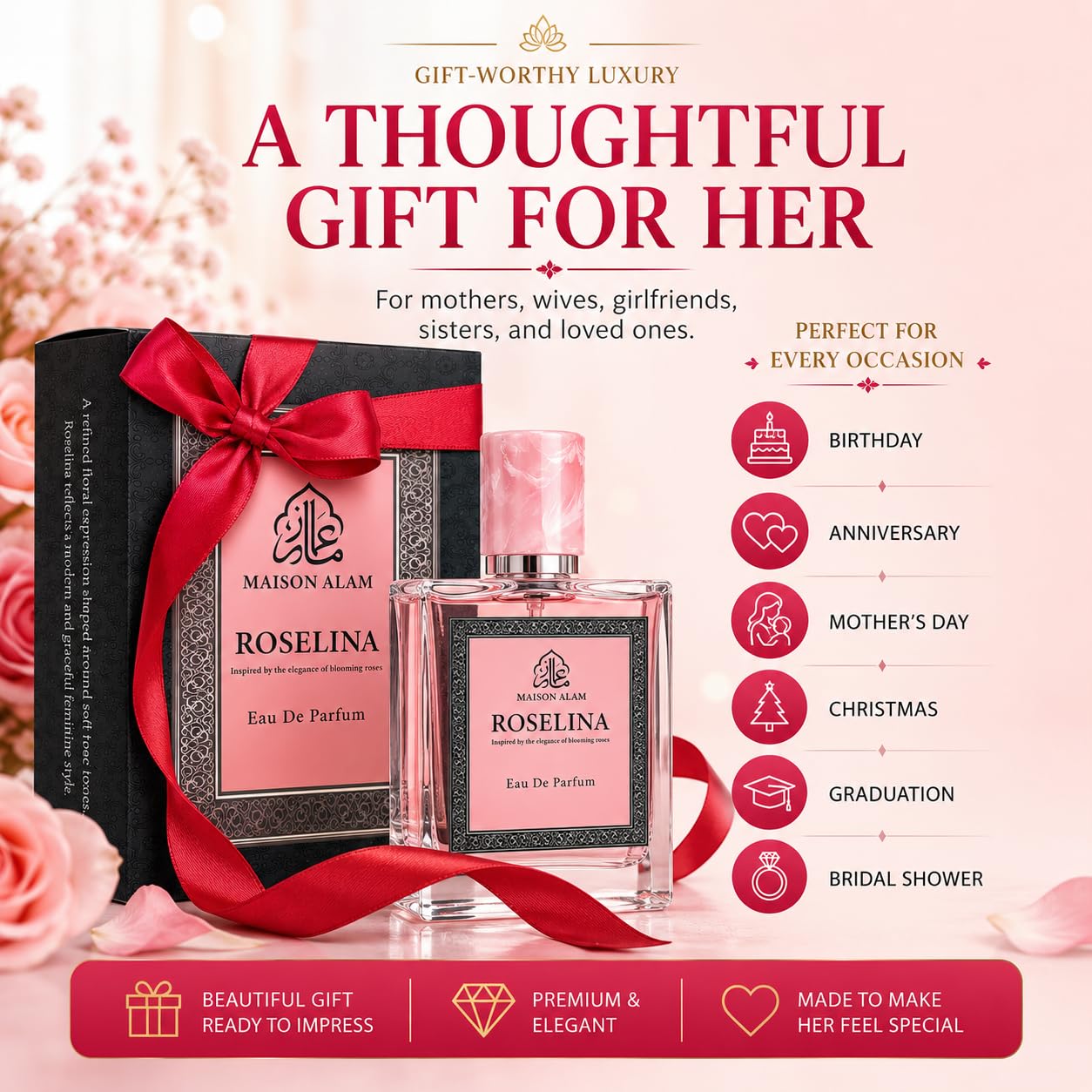 Maison Alam Roselina Long Lasting Perfume for Women, Eau De Parfum, 100 ml | Floral Fruity Arabian Perfume for Women with Rose, Lychee, Rhubarb, Bergamot, Vanilla, Musk & Cashmeran Notes, Luxury Perfume