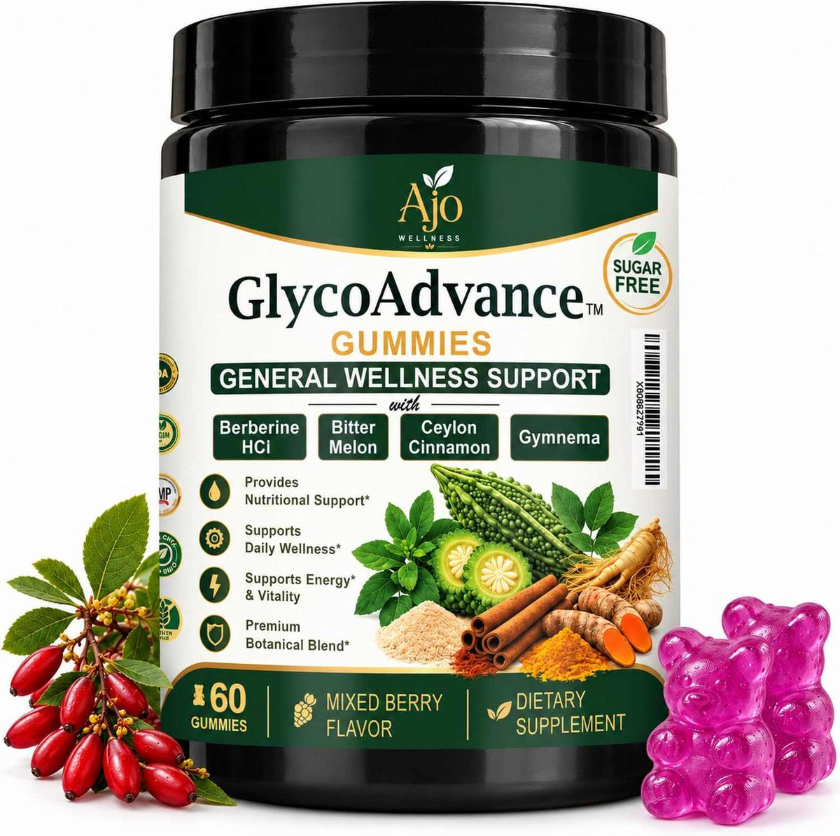 GlycoAdvance 13-in-1 berberine gummies in a black bottle, with purple mixed berry gummy bear pieces