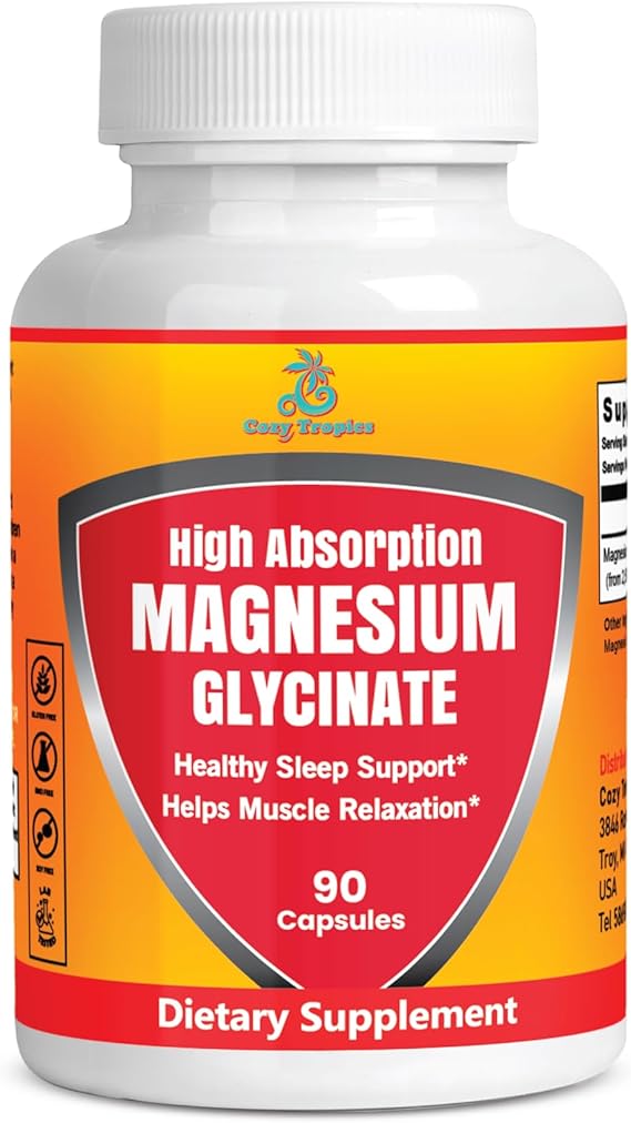 Cozy Tropics Pure Magnesium Glycinate Supplement - High Absorption, Vegan, Non-GMO Capsules for Stress Relief, Muscle, Nerve & Sleep Support, Energy Boost, Bone Health - Easy-to-Swallow - 90 Capsules
