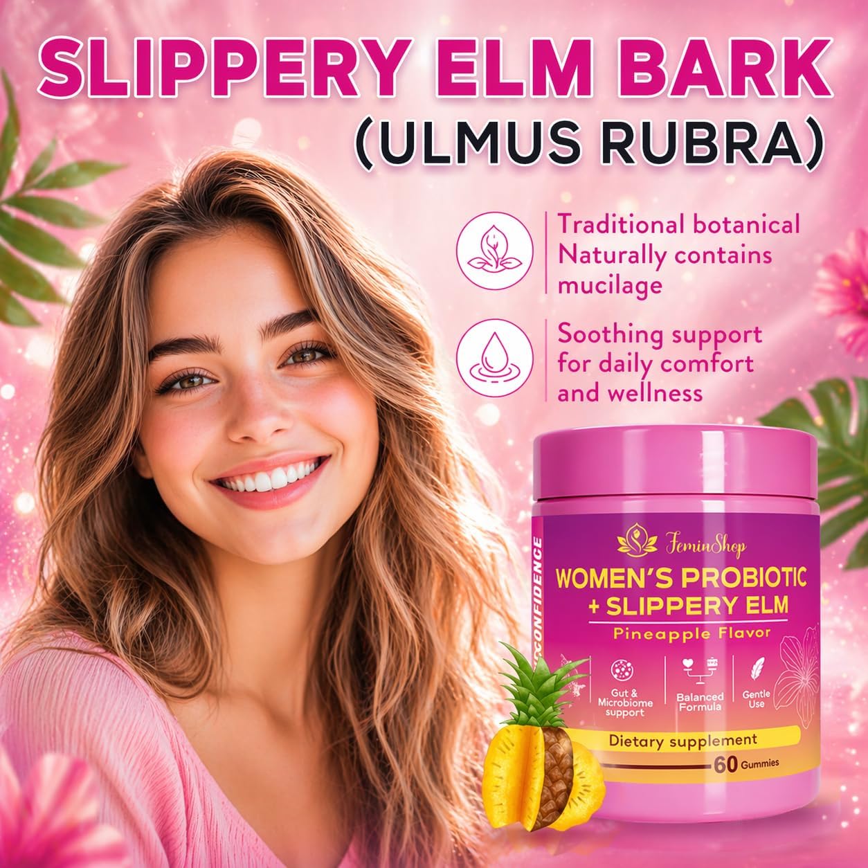 Her Juicy Women’s Probiotic Gummies with Slippery Elm & Prebiotic XOS, Lactobacillus Blend, Support pH Balance for Women, Pineapple Flavor, 60 Gummies